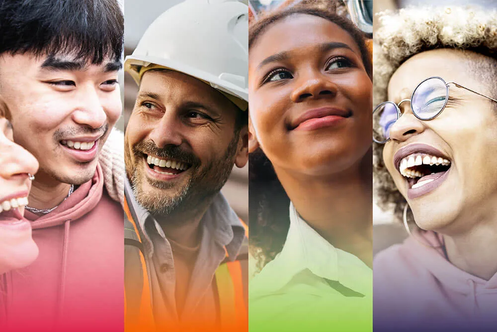 four portraits of people smiling with the lewer brand colors fading in from the bottom